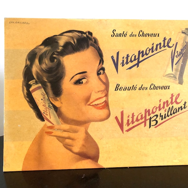 Carton publicitaire Vitapointe cheveux, affiche décoration rétro, coiffure santé maquillage, publicité pharmacie 1950 1960, cadeau vintage