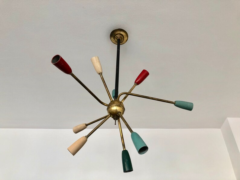 mid-century brass black and gold vintage asymmetric suspension Sputnik Stilnovo 1950 chandelier sputnik space-age 9-arm color chandelier