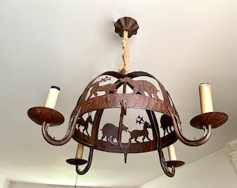 Brutalist 4-light chandelier, rustic animal ceiling light, 1900 light fixture, raw wrought iron, country character, forest deer bear, rope suspension