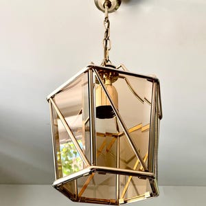 German lantern pendant light, gilded brass ceiling light, 1970s beveled glass lamp, mid-century lighting, Hollywood Regency chic
