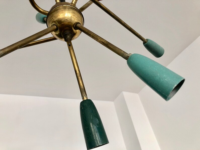 mid-century brass black and gold vintage asymmetric suspension Sputnik Stilnovo 1950 chandelier sputnik space-age 9-arm color chandelier