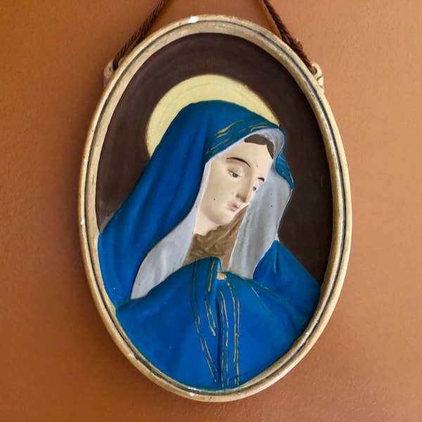 Ancienne icône en plâtre, représentation Vierge Marie, décoration murale autel, accessoire religieux catholicisme, antique chrétien cadeau