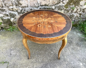 19th century inlaid coffee table, Louis XV France furniture, round cozy living room table, small pedestal bedroom furniture, antique bronze furniture, gift