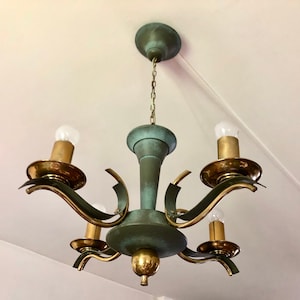 Neoclassical solid brass chandelier, green and gold ceiling light, antique classic lamp, table decoration, living room dining room, retro accessory