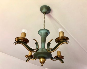 Neoclassical solid brass chandelier, green and gold ceiling light, antique classic lamp, table decoration, living room dining room, retro accessory