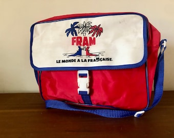 Vintage FRAM shoulder bag, travel bag, luggage suitcase accessory, red bag, French vacation, retro Paris collection
