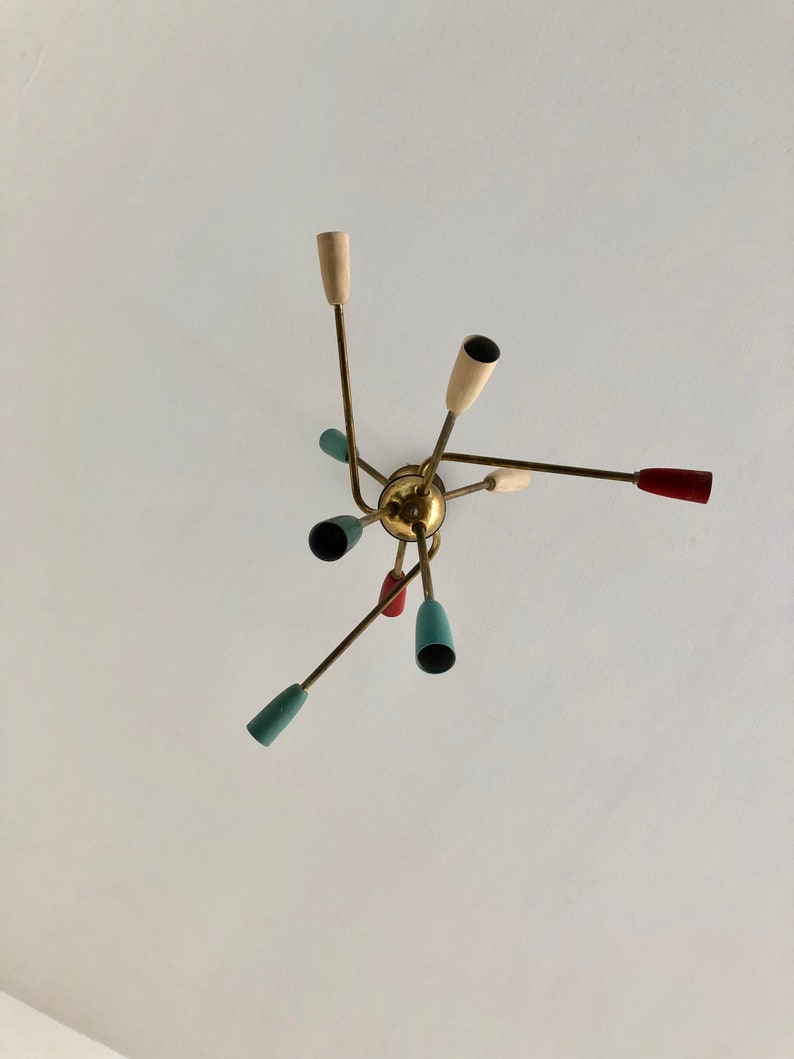 mid-century brass black and gold vintage asymmetric suspension Sputnik Stilnovo 1950 chandelier sputnik space-age 9-arm color chandelier