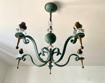 Neoclassical green metal chandelier, green and gold ceiling light, antique classic lamp, table decoration, living room dining room, retro accessory