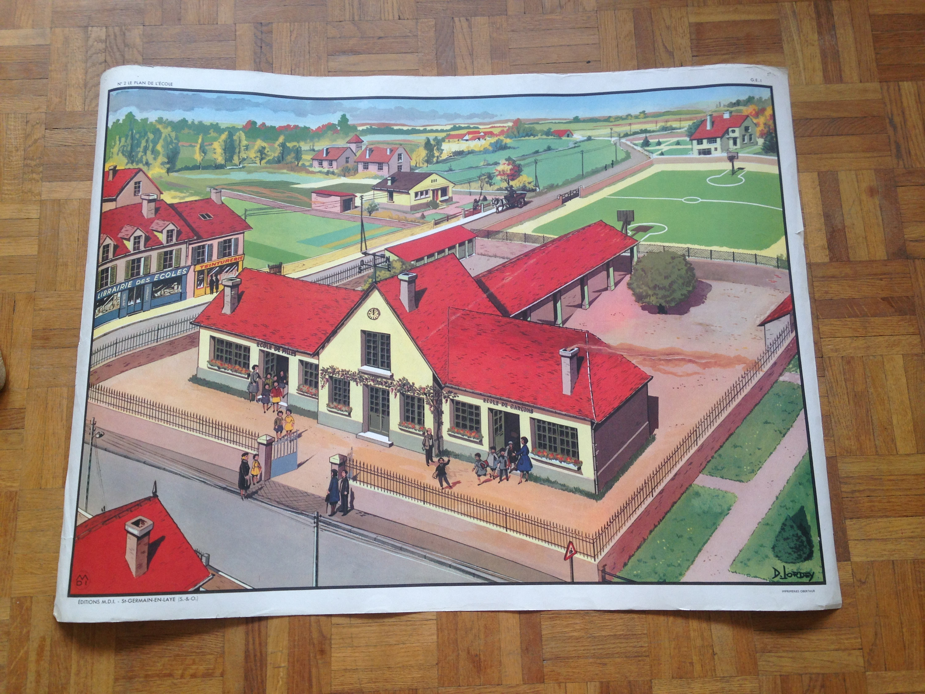 Affiche Scolaire 1950, Le Plan de L'école, Les Points Cardinaux, Cadeau Professeur, Rentrée Des Clas