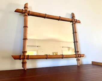 Grote bamboespiegel uit de jaren 60, vintage rechthoekige spiegel, boho chic decoratie, decoratief accessoire, badkamerspiegel, cadeau voor haar