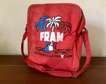 Vintage FRAM shoulder bag, travel bag, luggage suitcase accessory, blue white red, French vacation, retro Paris collection