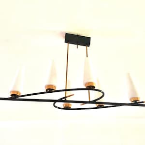 6-light chandelier 1950, golden brass opaline, mid-century suspension, Arlus Lunel house, large chandelier, modernism design, living room table lighting