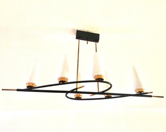 6-light chandelier 1950, golden brass opaline, mid-century suspension, Arlus Lunel house, large chandelier, modernism design, living room table lighting