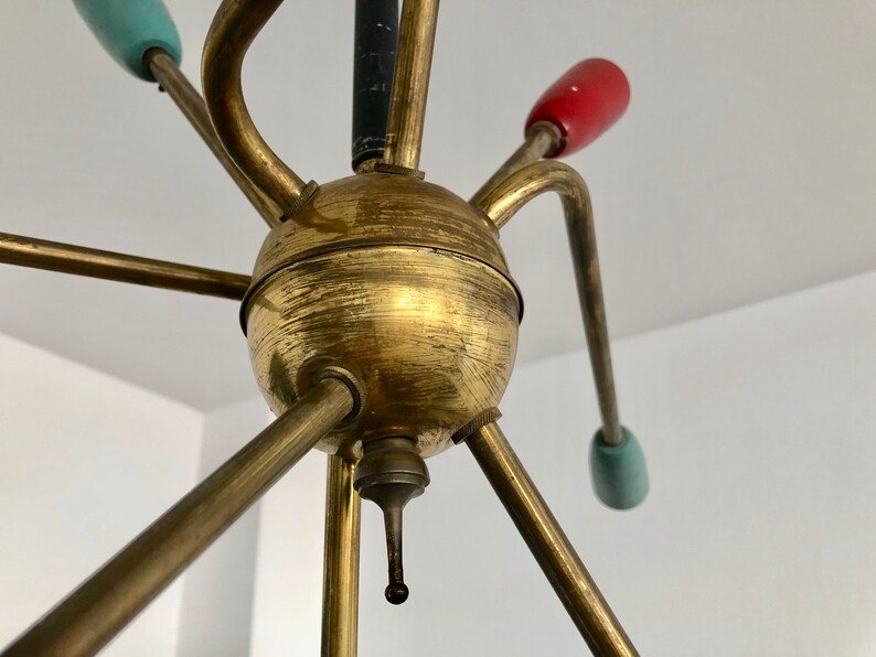 mid-century brass black and gold vintage asymmetric suspension Sputnik Stilnovo 1950 chandelier sputnik space-age 9-arm color chandelier