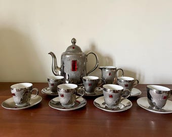 Gothic fine Bavarian porcelain coffee service, silver-grey, red stone, made in Germany 1960