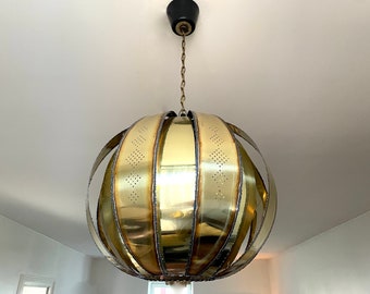 Danish Holm Sorensen pendant light, massive perforated gold metal, bedroom patio decoration, entrance light, 1960 lamp, hippie chic brutalist