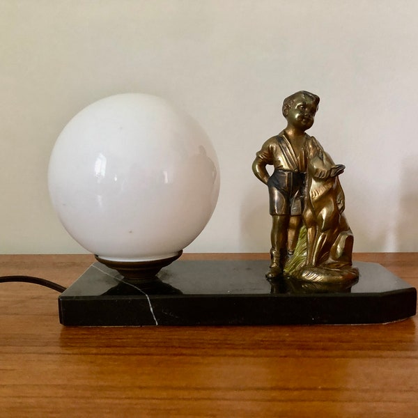 Lampe veilleuse art déco 1930, lampe de chevet ancienne, marbre opaline métal, lampe enfant chien, décoration classique chic, cadeau ancien