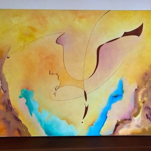 Large signed abstract painting, yellow acrylic painting, gift collection painting, living room bedroom decoration, entrance office kitchen blue