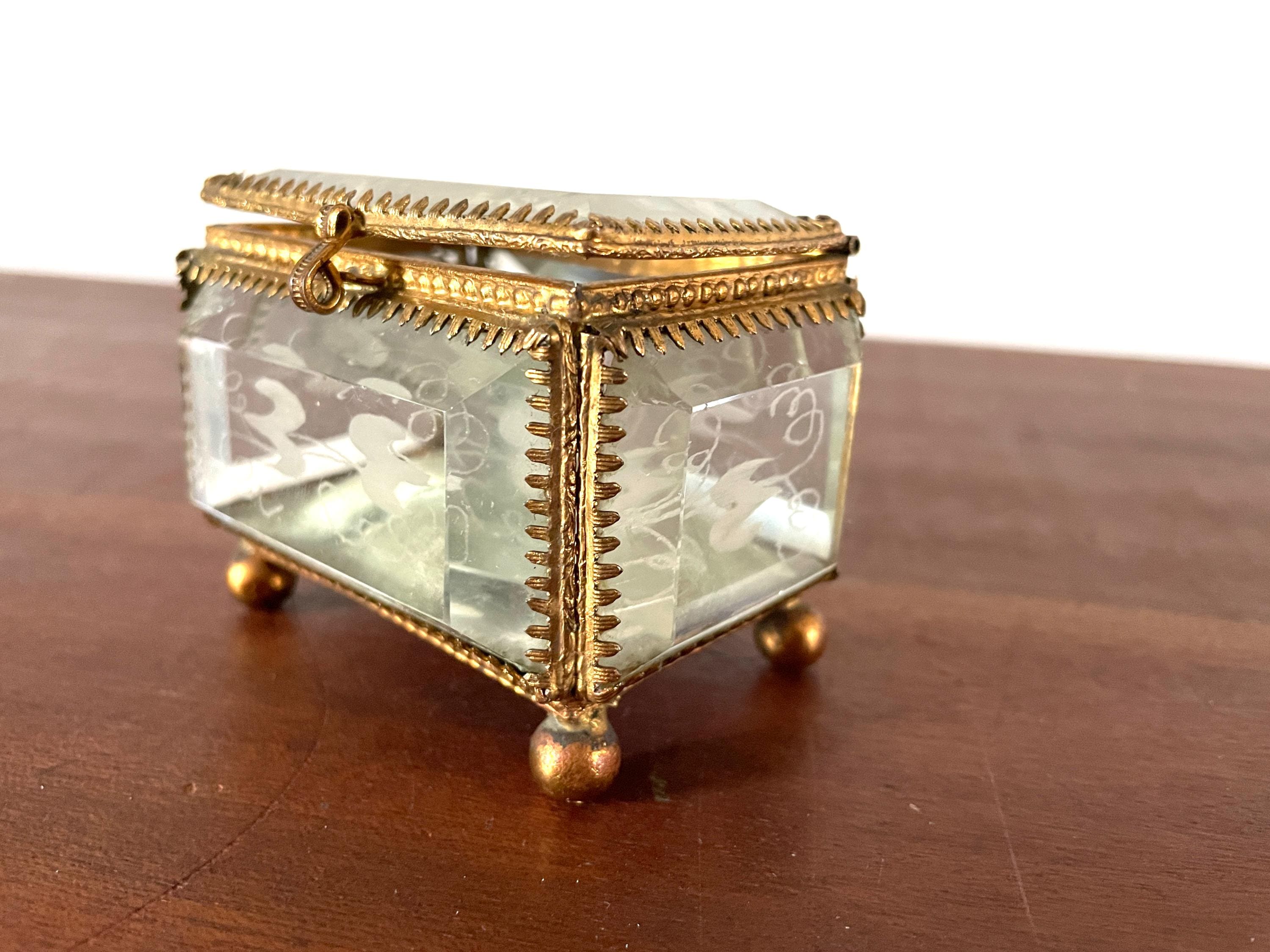 Boîte à Bijoux Ancienne Avec Miroir En Verre Taillé & Biseauté + Tiroir - Vintage, Référence #C034