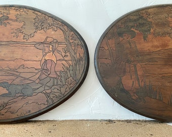 Pair of signed medallions, wood engraving, roaming shepherdess, cowherd boy, her and him, sir madam, rustic countryside, gift