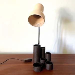 1970s desk lamp, pencil holder compartment, vintage adjustable lamp, retro bedside lamp, industrial style, brown beige gift