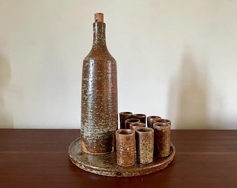 1950s stoneware liqueur set, decanter and tray with 9 glasses, rustic table setting, natural materials, French antique, vintage gift, digestif