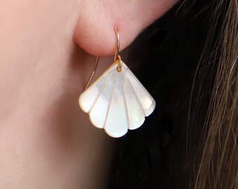 Art Deco Mother of Pearl Fan Earrings: 18k Gold Plated Dangle Earrings