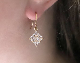 Art Deco Earrings, Marquise Earrings, Zirconia Diamond Drop Earrings 1920s Twenties Geometric Crystal Dangles Drops Art Nouveau Victorian