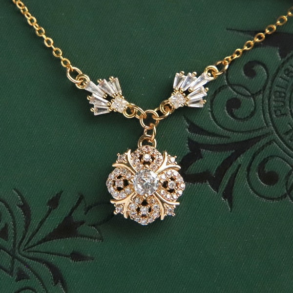 Victorian Style Cubic Zirconia Necklace: 18k Gold Plated Edwardian Pendant