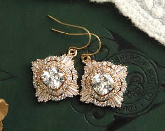 Regency Jewelry, Art Deco Earrings, Gold Crystal Earrings, Zirconia Earrings, 1920s Earrings, Wedding Jewelry Bridal Earrings, Art Nouveau