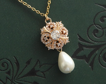 Art Deco Necklace, Bridal Necklace, Art Nouveau Necklace, Pearl Pendant, Victorian Necklace,Wedding Necklaces,Prom Necklace,Bridesmaid Gifts