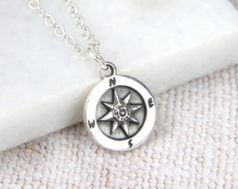 Compass Necklace, Antiqued Silver, Travel Wish Gift, Tiny Disc Pendant, North South East West, Good Luck Journey,Gift For Her,Special Friend