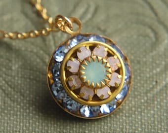 Blue Art Deco Rhinestone Pendant, Austrian Crystal Gold Brass Necklace, 1920s Crystal Jewelry,Something Blue Gifts,Bridesmaids Jewelry Gifts