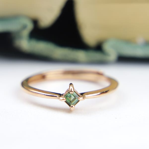 Green Tourmaline Ring, Rose Gold Plated, Small Ring, Dainty Style, Square Gemstone, Dark Forest, Bottle Green, Plain Band, Gift For Her, UK