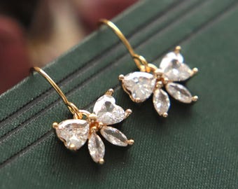 Bow Dangle Earrings, Gold Bow Earrings, Dainty Bow Earrings, Heart Bow Earrings, Bridesmaid Gifts, CZ Bow Earrings, CZ Gold Earrings