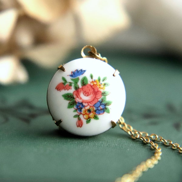 Collier victorien, collier en porcelaine pour femme des années 1950 collier vintage fleur collier pendentifs floral collier mère cadeaux cadeau pour elle