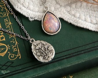 Teardrop Necklace Fire Opal Pendant Pink Opal Nouveau Droplet Necklace Vintage Milky Glass Dark Silver Cottagecore Cottage Core For Women
