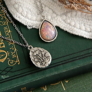 Teardrop Necklace Fire Opal Pendant Pink Opal Nouveau Droplet Necklace Vintage Milky Glass Dark Silver Cottagecore Cottage Core For Women image 1