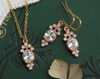 Gold Wedding Necklace and Earring Set: Cubic Zirconia Jewelry