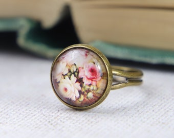 Floral Vintage Style Ring, Realistic Flower Painting, Flower Girl, Pink Rose Ring, Antiqued Gold, Gift For Her, Nature Lover, Teen Gift, UK