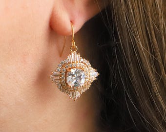 Art Deco Bridal Earrings: Gold Cubic Zirconia 1920s Style