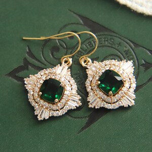 Regency Jewelry, Emerald Earrings, Art Deco Earrings, Gold Crystal Earrings, Zirconia Earrings, 1920s Earrings, Wedding Jewelry Bridal