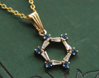 Art Deco Necklace: 18k Gold Blue Zirconia Trapezoid Pendant