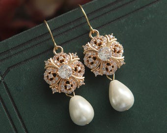 Pearl and Gold Earrings, Victorian Earrings, Vintage Style Earrings,Teadrop Pearl Earrings,Edwardian Earrings,Bridal Pearl Earrings,Art Deco