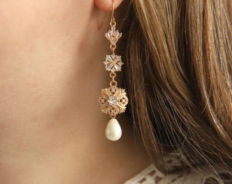 Pearl and Gold Earrings, Victorian Earrings, Vintage Style Earrings,Teadrop Pearl Earrings,Edwardian Earrings,Bridal Pearl Earrings,Art Deco