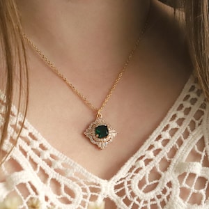 Regency Necklace, Emerald Necklace, Zirconia Necklace, Green Crystal Necklace, Art Deco Necklace, Bridal Jewelry Set, Victorian Pendant