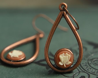 Copper Earrings Dangle, Copper Teardrop Earrings, Autumn Earrings For Women, Rose Cameo Earrings, Fall Jewelry, Rustic Copper earrings