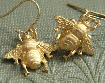 Small Bee Dangle Earrings, Bumble Bee Earrings, Matte Brass Bees, Gardener Gifts, Honeybee Drop Jewelry, Cute Bumblebee Gift for Her