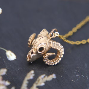 Ram Skull Necklace, Small Sheep Skull Pendant, Gold Bronze, Natural History, Dark Nature Gift, Goth Girl Gift, Gothic Necklace UK, Halloween