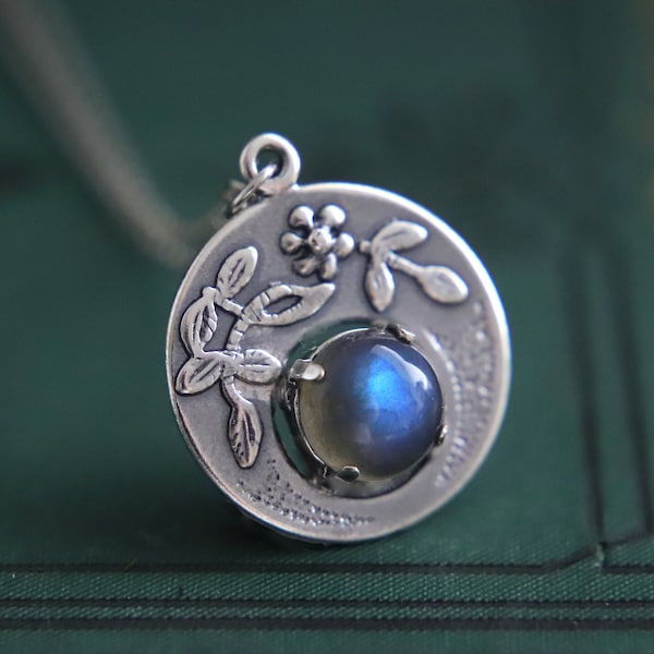 Victorian Gemstone Necklace Silver Labradorite Pendant Natural Gemstones Art Nouveau Necklaces For Women 20s Edwardian Necklace Cottagecore